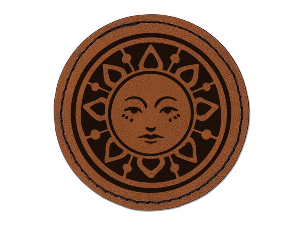 Vintage Sun Circle Face Round Iron-On Engraved Faux Leather Patch Applique - 2.5 Inch